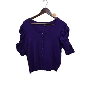 George Purple Ruched Puff Sleeve Cardigan Sweater VTG 90s Y2K L 12-14 GL39S531